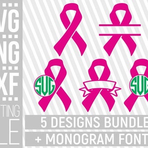 5x Pink Ribbon Bundle plus Monogram svg, Breast cancer, Wreath Cancer vector, Print, Cut Files, File for Cricut,Silhouette, Instant download