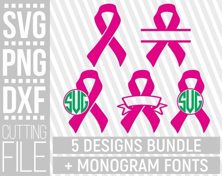 Download 5x Pink Ribbon Bundle Plus Monogram Svg Breast Cancer Wreath Cancer Vector Print Cut Files File For Cricut Silhouette Instant Download