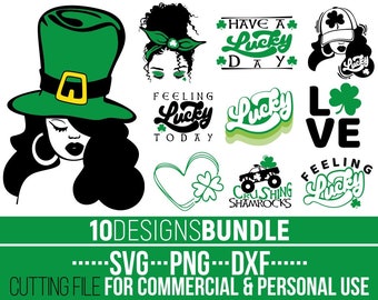 10x St Patricks Day Svg Bundle, Clovers svg, Irish, Shamrock svg, Lucky svg, Afro, Messy Bun, Cuttable Files, File for Cricut, Sublimation