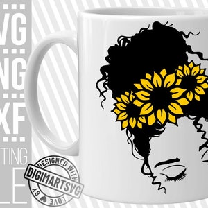 Black Woman with Sunflower svg, Messy Bun svg, Melanin, High Bun svg, Black Girl Magic, Blume, Datei für Cricut, Silhouette, Sofort download