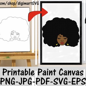 Afro Girl Printable Paint Canvas, Coloring Pages, Paint With A Twist, Paint Party, Adult Printable Coloring Page, Paint & Sip, Digital, Svg