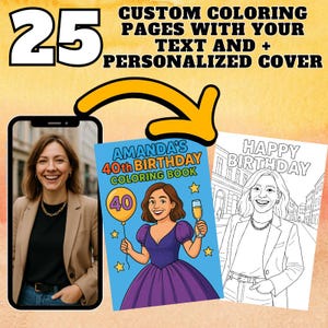 25 Custom Birthday Coloring Pages from Photo, Bundle Custom Coloring Sheets, Personalized Coloring Pages, Photo Coloring Page, Cover Text