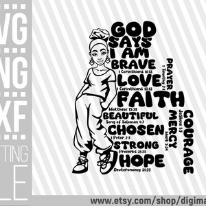 God Says I Am Chosen svg, Bible Verse svg, Affirming Words svg, African American png, Woman In Headband, Faith svg, File for Cricut, Vector