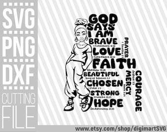 God Says I Am Chosen svg, Bible Verse svg, Affirming Words svg, African American png, Woman In Headband, Faith svg, File for Cricut, Vector