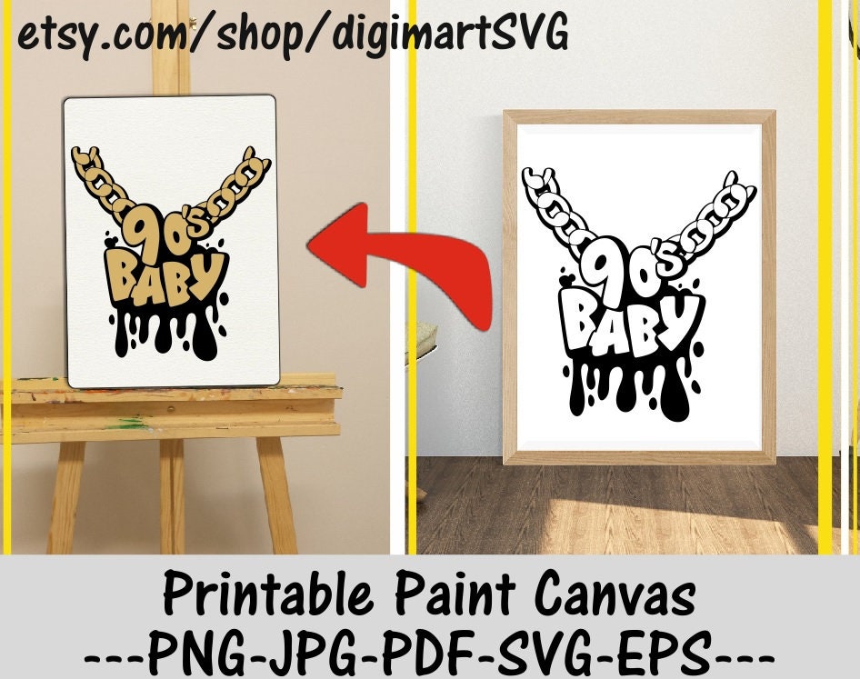 90's Baby svg, Paint Canvas, Dripping svg, Chain svg, Birthday, Paint With A Twist, Paint Party, Adult Printable Coloring Page, Paint & Sip