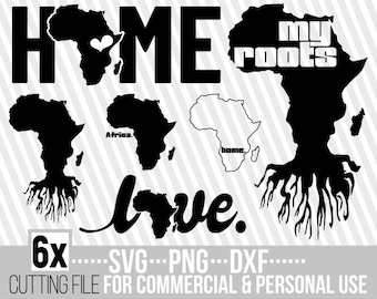May include: Black and white digital design featuring the words "HOME", "my roots", "Africa", "home", and "love" with stylized images of the continent of Africa. The design includes a heart shape and roots.
