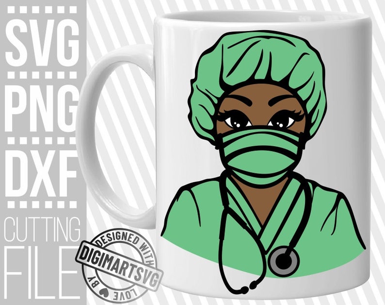 Puede incluir: Una ilustraci&oacute;n verde y negra de una profesional m&eacute;dica femenina que lleva una cofia quir&uacute;rgica, una m&aacute;scara y una bata quir&uacute;rgica con un estetoscopio. La ilustraci&oacute;n est&aacute; en una taza blanca.