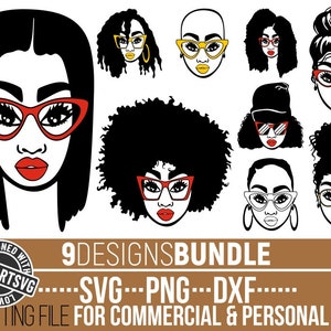 9x 黒人女性 SVG バンドル、メガネ SVG、アフロ SVG、黒人歴史 SVG、ハゲ女性 SVG、メラニン、メッシー バン、Cricut 用ファイル、即時ダウンロード