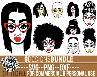 9x Black Woman Svg Bundle, Glasses svg, Afro svg, Black History svg, Bald Woman svg, Melanin, Messy Bun, File for Cricut, Instant download