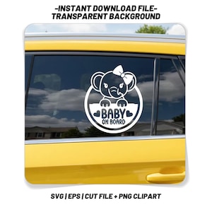 Puede incluir: Calcomanía de coche de vinilo blanco con un elefante de dibujos animados con un lazo, dentro de un círculo con las palabras "BABY ON BOARD". La calcomanía está aplicada a una ventana de coche amarilla. El texto en la parte superior dice "-INSTANT DOWNLOAD FILE- TRANSPARENT BACKGROUND".