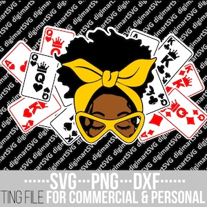Afro Messy Bun PNG, Black Queen svg, Queen of Hearts svg, Naipes PNG, Trajes de cartas, Gafas, Poker, Archivo para Cricut, Descarga instantánea