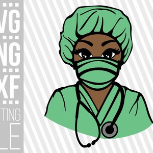 Puede incluir: Ilustraci&oacute;n de una mujer negra con un gorro quir&uacute;rgico verde, una m&aacute;scara y un uniforme quir&uacute;rgico con un estetoscopio alrededor del cuello.