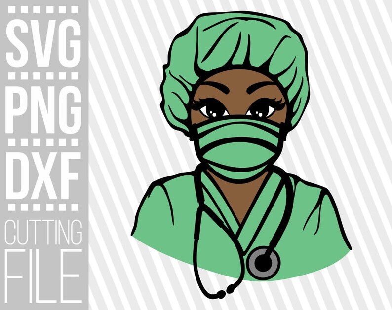 Puede incluir: Ilustraci&oacute;n de una mujer negra con un gorro quir&uacute;rgico verde, una m&aacute;scara y un uniforme quir&uacute;rgico con un estetoscopio alrededor del cuello.
