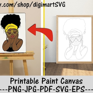 Black Woman Png, Stampabile Paint Canvas, Messy Bun svg, Disegni da colorare, Paint With A Twist, Paint Party, Pagina da colorare per adulti, Paint & Sip