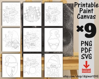 9x Christmas Printable Bundle, Paint Canvas, Santa Claus, Coloring Pages, Afro, Christmas svg, Adult Printable Coloring Page, Paint & Sip