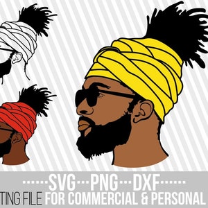 May include: Three digital illustrations of a person with a beard and a turban. The turban is yellow, red, and white. The person is wearing glasses and has a topknot.