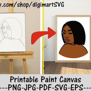 Donna iIn forza capelli stampabile vernice tela, pagine da colorare, dipingere con un tocco, Afro Png, pagina da colorare stampabile per adulti, Paint & Sip