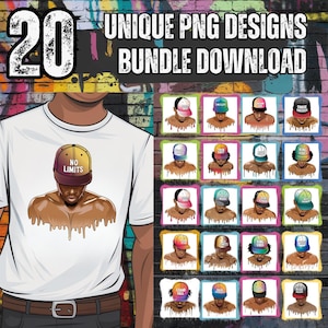 May include: A set of 20 unique digital designs featuring a cartoon illustration of a person wearing a variety of colorful baseball caps with motivational phrases. The designs are in PNG format and are perfect for creating custom apparel, accessories, and other creative projects.