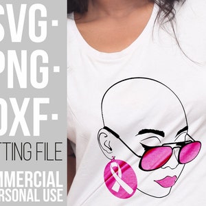 メガネをかけたハゲの女性 svg、乳がん、ピンクリボン svg、啓発リボン svg、カット ファイル、Cricut 用ファイル、シルエット、即時ダウンロード