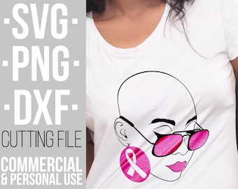 Bald woman with glasses svg, Breast cancer, Pink ribbon svg, Awareness Ribbon svg, Cut Files, File for Cricut,Silhouette, Instant download