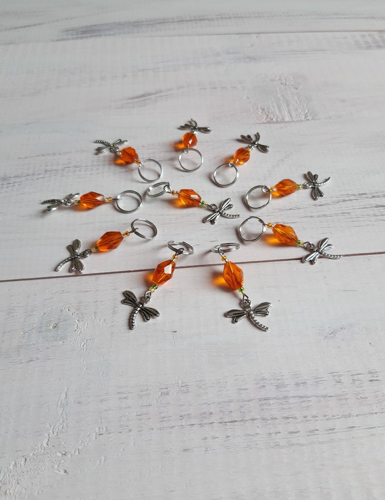 Orange Stitch Markers Set 10 Charm Dragonfly Crochet Stitch Etsy