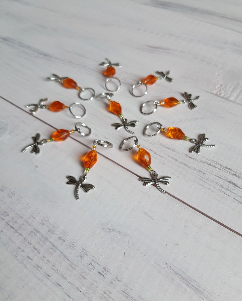 Orange Stitch Markers Set 10 Charm Dragonfly Crochet Stitch Etsy