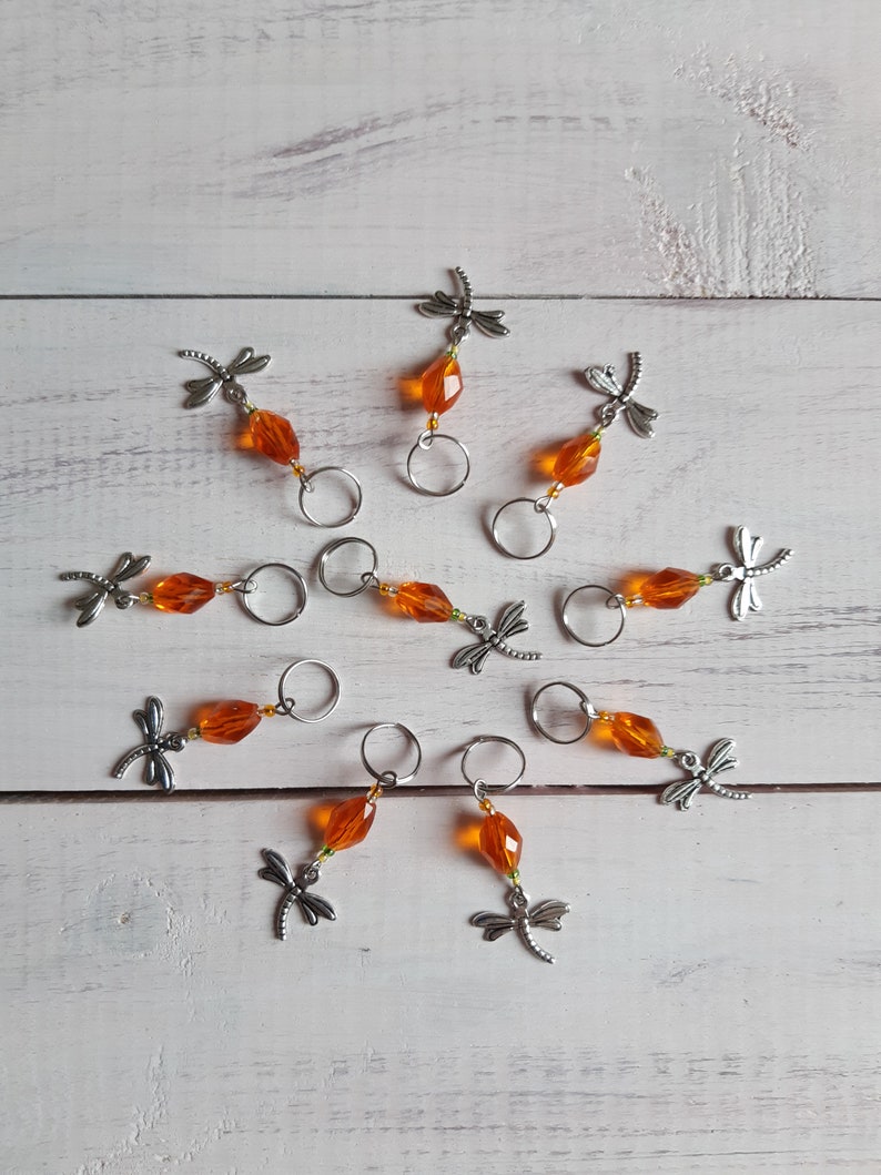 Orange Stitch Markers Set 10 Charm Dragonfly Crochet Stitch Etsy