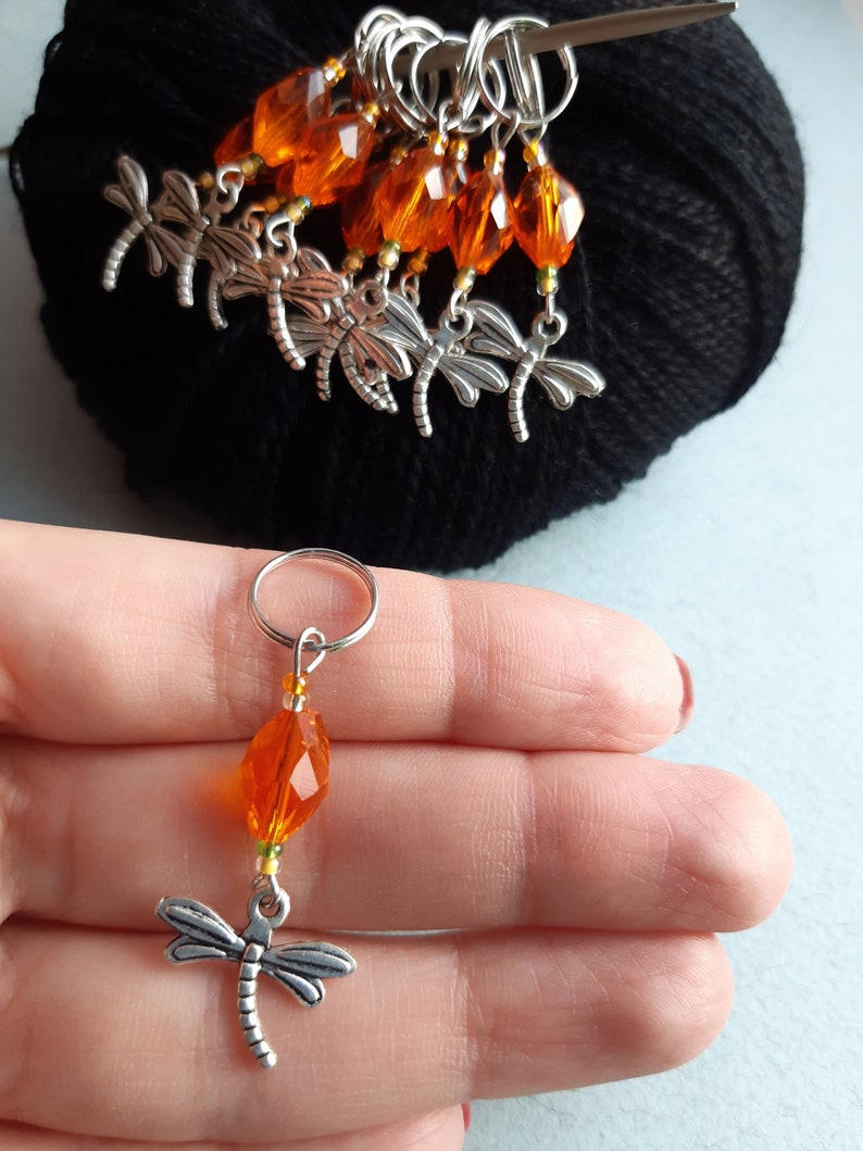 Orange Stitch Markers Set 10 Charm Dragonfly Crochet Stitch Etsy