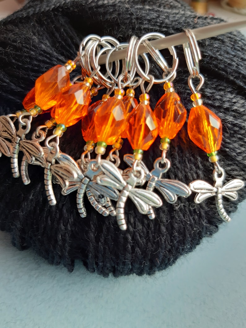Orange Stitch Markers Set 10 Charm Dragonfly Crochet Stitch Etsy