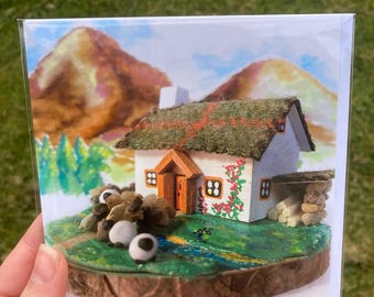 Harris Tweed Highland Sheep Greetings Card: Scottish Bothy Art