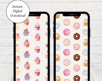 Pastel Donut & Cupcake Wallpaper | Retro Phone Lock Screen (Digital Download)