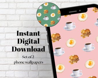 Breakfast Phone Wallpaper: Coffee, Pancakes, Eggs (Digital Download)