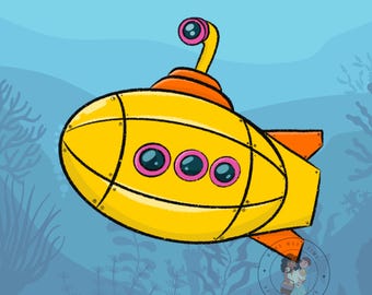 May include: A yellow cartoon submarine with three pink portholes and an orange fin. The submarine is underwater and surrounded by blue water and seaweed.