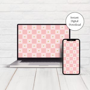 Pink Checkered Daisy Wallpaper: Phone & Computer Lock Screen (Digital Download)