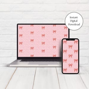 INSTANT Download Digital Wallpaper | Trendy Pink Bow Phone Wallpaper, Computer Wallpaper Geometric, Pastel Pink Bow Lock Screen Fashionable