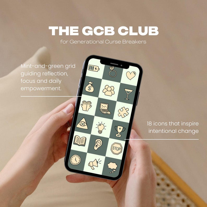 Może przedstawiać: Smartfon wyświetlający 18 ikon, w tym serce, pierścionek i trofeum, ułożonych w siatkę. Tekst na ekranie brzmi "THE GCB CLUB" i "for Generational Curse Breakers". Dodatkowy tekst brzmi "Mint-and-green grid guiding reflection".