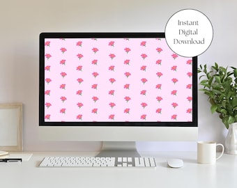 ピンクの花柄のコンピュータ壁紙 | レトロガーデンテーマ（デジタルダウンロード）