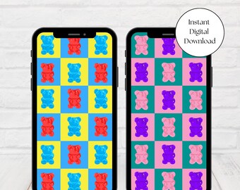 INSTANT Digital Wallpaper | Retro Pastel Phone Wallpaper, Trendy iPhone Aesthetic Background Nostalgic Phone Wallpaper, Gummy Bear Wallpaper