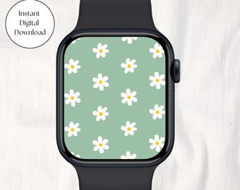 Floral Apple-Uhr-Tapete | Ästhetisches Smart Watch Face, Gänseblümchen-Blumen-Tapete, Grüner Pastell Apple Watch-Startbildschirm, Digitaler Sperrbildschirm