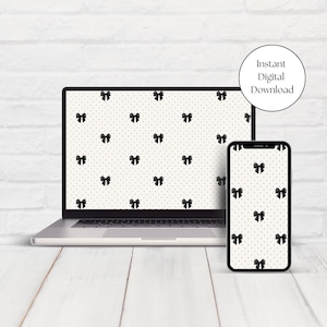 May include: A digital download of a black and white wallpaper featuring a repeating pattern of black bows on a white background with small white dots.