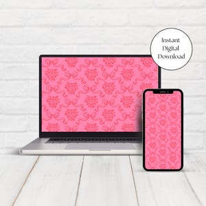 INSTANT Digital Wallpaper | Pink Bow Phone Wallpaper, Flower Screensaver, Pastel Pink Aesthetic Lock Screen, Pink Computer Wallpaper