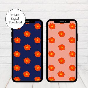 INSTANT Digital Download | Retro Phone Wallpaper Set, Pink Pastel Groovy Background Navy Blue, Red Flower Aesthetic, 70s Lock Screen Design