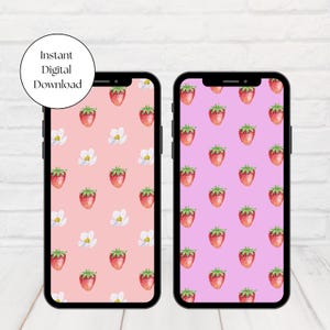 INSTANT Digital Download | Strawberry Phone Wallpaper, Flower Lock Screen, Chic Phone Background, Trendy Strawberries Pattern, Summer Vibes