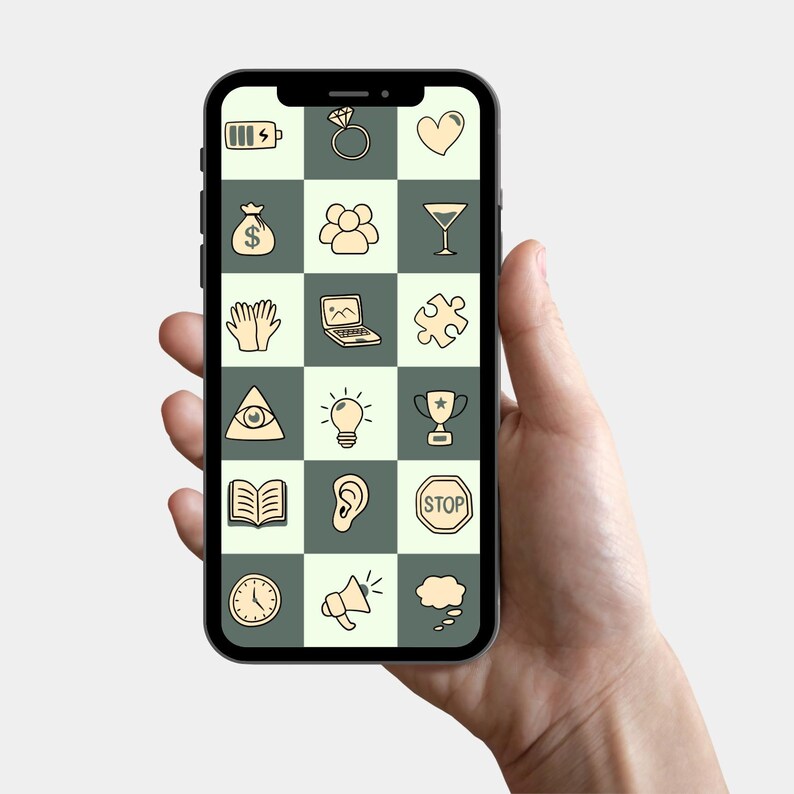 Może przedstawiać: Smartfon wyświetla siatkę ikon, w tym baterię, pierścionek, serce, worek pieniędzy, ludzi, kieliszek do martini, rękawice, laptopa, element układanki, wszechwidzące oko, żar&oacute;wkę, trofeum, książkę, ucho, znak stopu, zegar, megafon i chmurę.