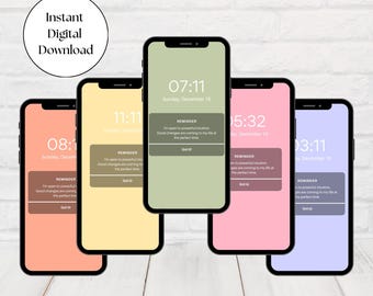 Op de afbeelding: Een digitale downloadafbeelding met vijf smartphones met verschillende gekleurde achtergronden. Elke telefoon toont een herinneringsmelding met de tekst "Ik sta open voor krachtige intuïtie. Goede veranderingen komen in mijn leven op het perfecte moment."