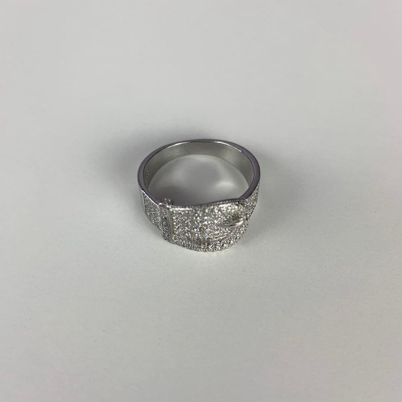 Austrian Small Crystals Bijoux Plated 925 Sterling Silver Belt Ring CZ Ring Size 8