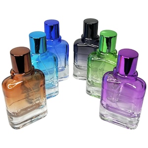 May include: Six colorful perfume bottles with matching metallic caps. The bottles are in shades of brown, blue, green, and purple. The glass bottles have a square shape with rounded edges.