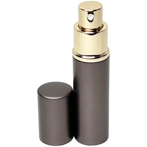 May include: A small, metallic gray perfume atomizer with a gold-colored top and spray nozzle. The cap is detached and placed next to the bottle. The atomizer is designed for travel and personal use.