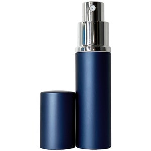 May include: A navy blue perfume atomizer with a silver-colored spray nozzle and a matching cap. The cylindrical bottle is shown next to its detached cap, against a white background. The atomizer is designed for travel.
