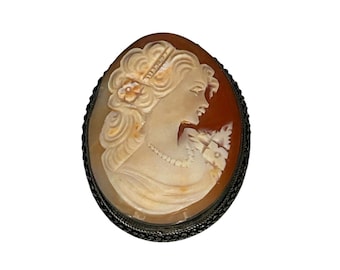 Vintage Hand-Carved Shell Cameo Brooch Pendant in 925 Sterling Silver